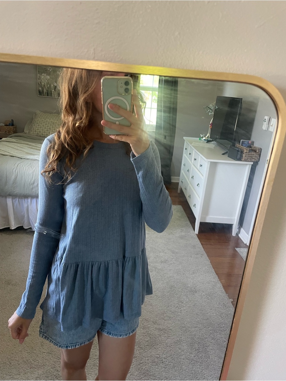Caution To The Wind Dusty Blue Ribbed Peplum Long-Sleeve Top